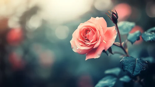 Coral Rose Bloom with Water Droplets Against Soft-Focus Garden Background.