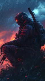 Tactical operator kneeling in rain under dual light sources