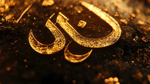 Golden Arabic Calligraphy on Textured Black Surface, Close-Up.