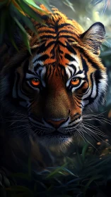Jungle ember-eyed tiger emerging from shadowed green hush.
