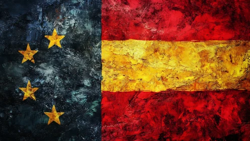 Spanish flag and star field merge in textured abstract canvas.