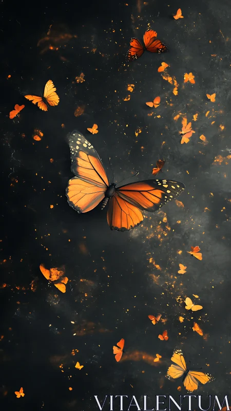 Digital painting of monarch butterflies in dramatic vertical drift.