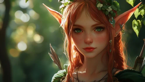 Red haired forest elf archer portrait in soft sunlight.