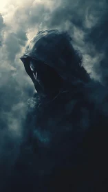 Shrouded hooded figure emerging from swirling storm clouds.