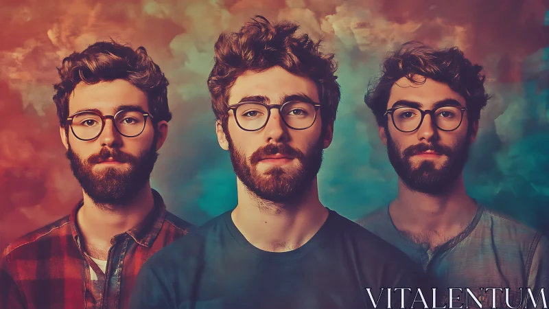 Three similar bearded men stand aligned against blended backdrop