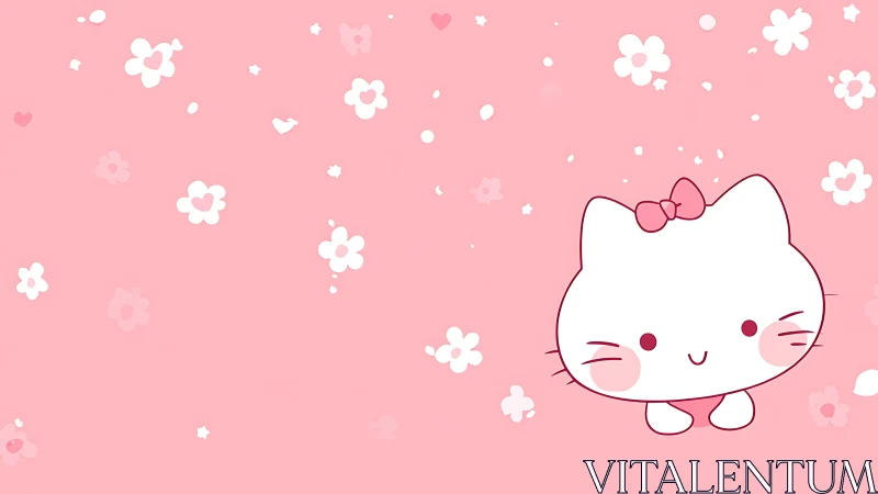 Cute white cartoon cat smiles on soft pink floral background