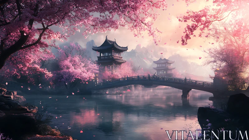 Springtime bridge to a tranquil cherry blossom dreamscape.