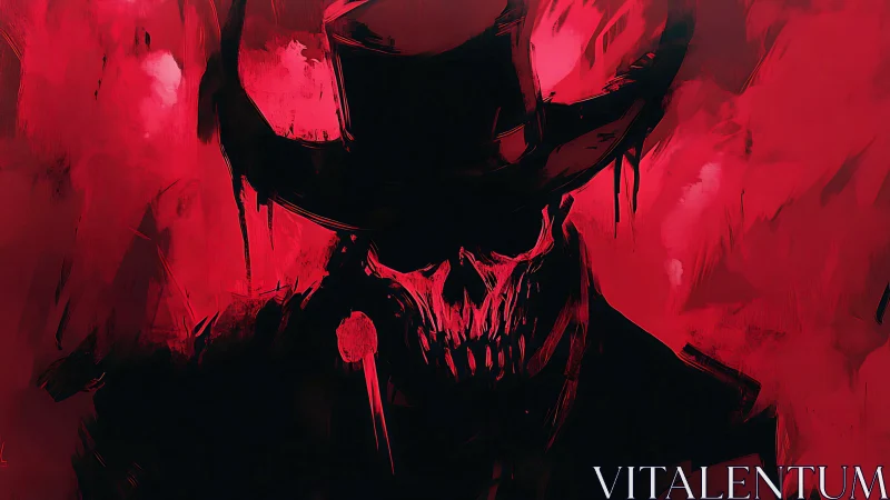 Sinister skeletal gunslinger in crimson abstract haze.