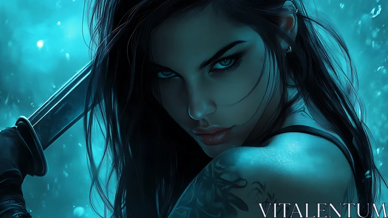 Blue-lit cyber assassin with wet hair and dagger poised.