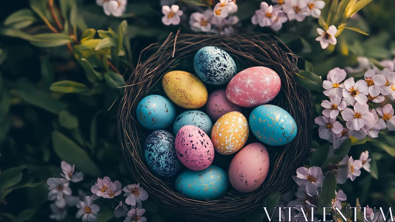 Spring nest of patterned Easter eggs in floral garden scene.