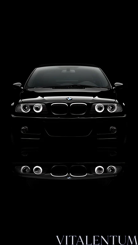 Front-lit black sedan with halo headlights on black background