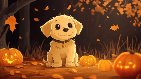 Golden puppy glows among carved pumpkins on autumn night.