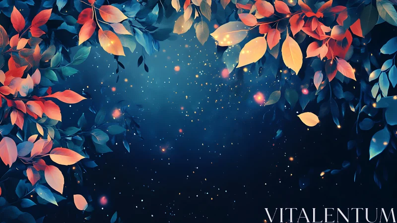 Multicolored foliage framing a dark starry night sky.