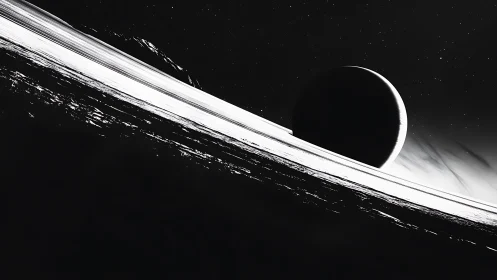 Midnight crescent planet skimming stark monochrome rings.