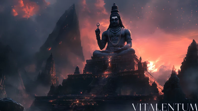 Colossal Shiva statue dominates flaming mountain temple at dusk