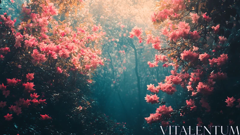 Pink flowering trees frame forest path with layered atmospheric depth