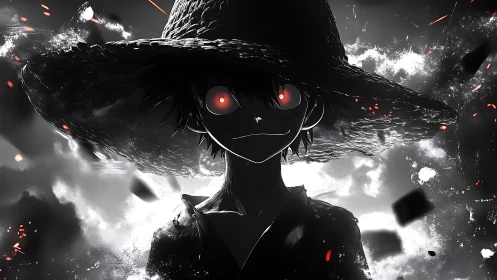 Dark silhouette character with straw hat and glowing eyes.