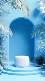 Tropical blue podium surrounds minimalist white cylinder.