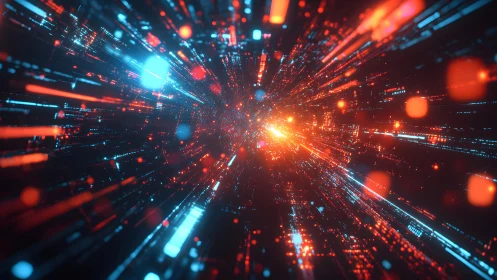 Futuristic Data Stream Tunnel with Neon Lights, Digital Art Style.