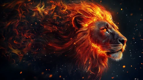 Fiery lion spirit strides forward with blazing, regal calm