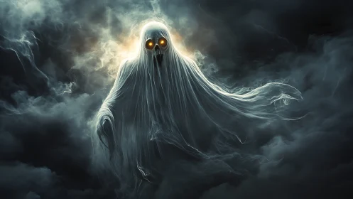 Spectral wraith emerging from storm-wracked shadow clouds.