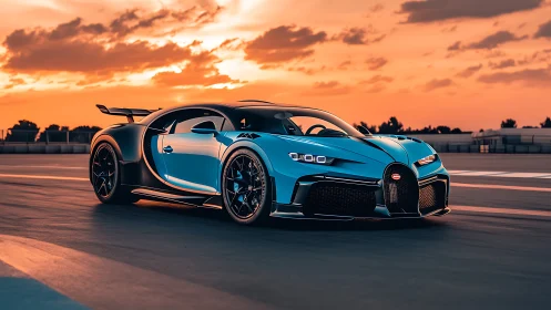 Aerodynamic hypercar rendered at sunset on testing circuit.