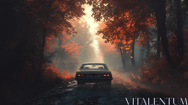 Vintage Car on Autumn Forest Road at Sunrise