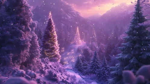 Enchanted winter firs glow softly under a dreamy violet sky