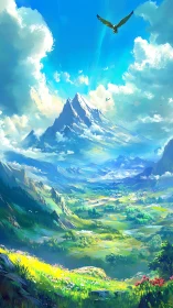 Digital painting landscape with alpine vista and soaring eagle.