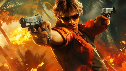 Sunburned gunslinger dives through tropical firestorm chaos.