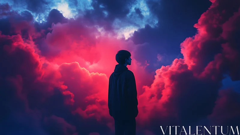 Nebula-lit wanderer pauses where thunderclouds learn to glow