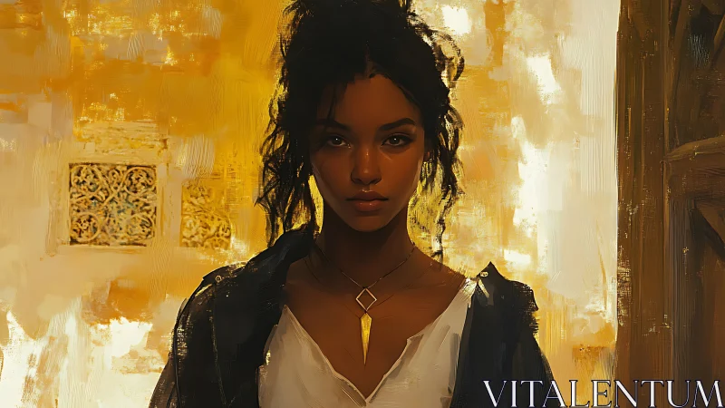 Digital painting portrait in warm architectural light study.