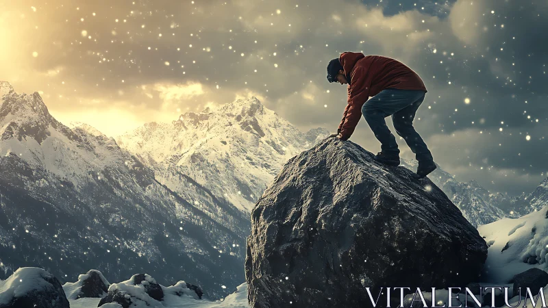 Winter climber leans into a glowing alpine snowstorm with heart