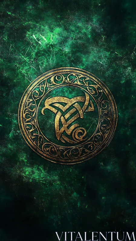 Celtic knotwork emblem on textured dark green background.