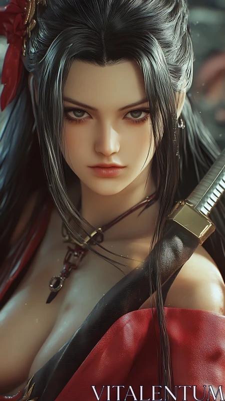 Samurai heroine portrait in red kimono, cinematic lighting.