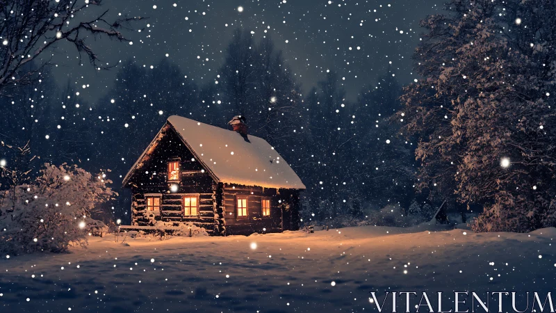 Snow-covered log cabin glowing warmly in winter night.
