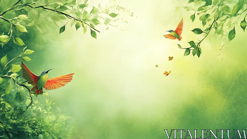Colorful birds in lush green forest, dreamy digital art style.