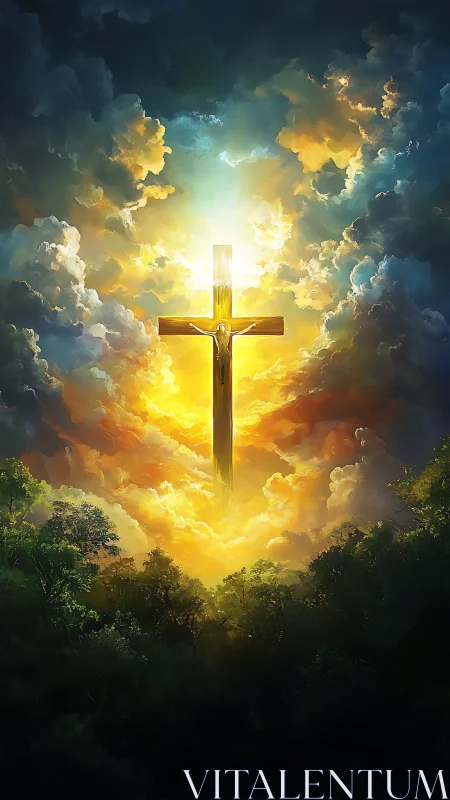 Radiant crucifix ascends through storm-lit celestial clouds