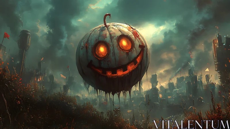 Apocalyptic skyline with levitating jack-o-lantern dreadnought.