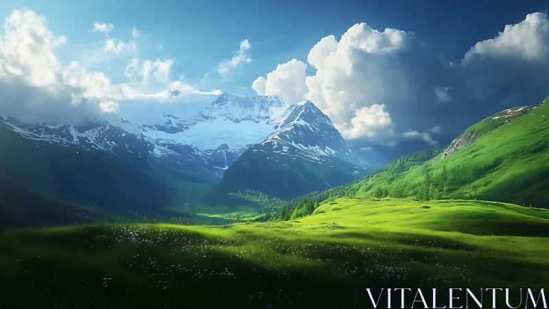 Snowcapped mountain above sunlit green alpine valley.