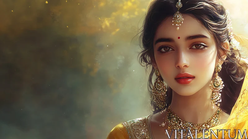 Golden gaze of a jeweled muse in soft glowing light.