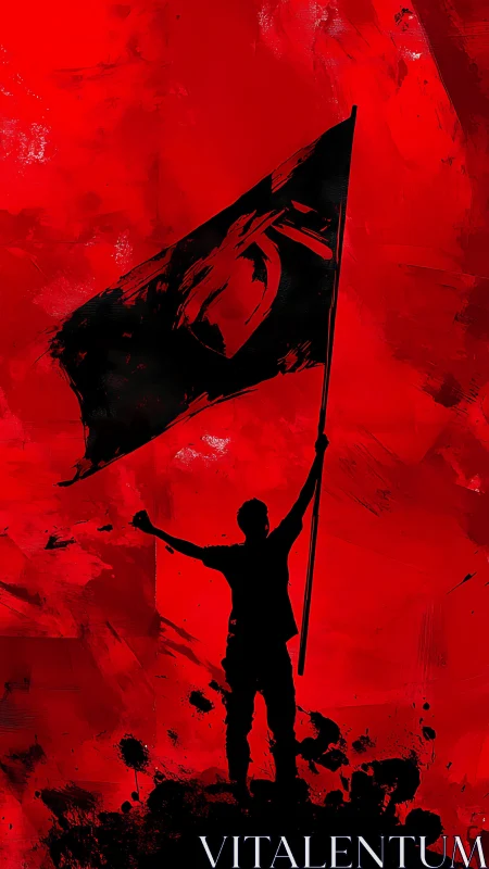 Silhouetted protester raises rough brush-ink flag on red field
