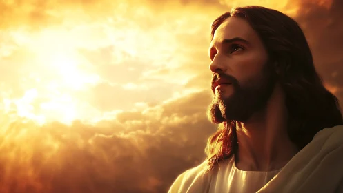 Serene robed figure under radiant golden sunset sky.