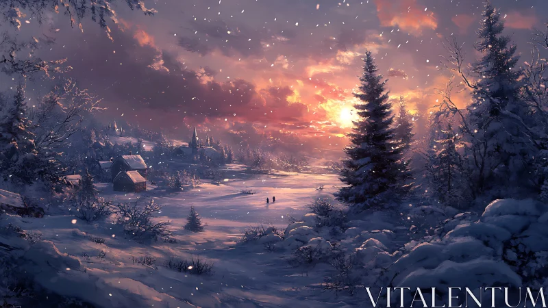 Winter village valley under glowing sunset sky.