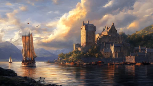 Golden harbor keep and sunlit galleon beneath storm-soft clouds.