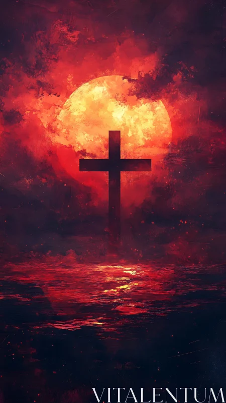 Cross silhouette before red sun over reflective water.