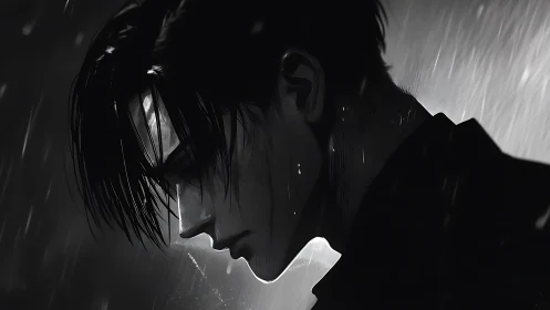 Monochrome side profile of a male figure under falling rain