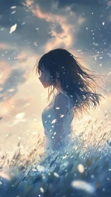 Girl in glowing dusk field stands amid drifting petals.