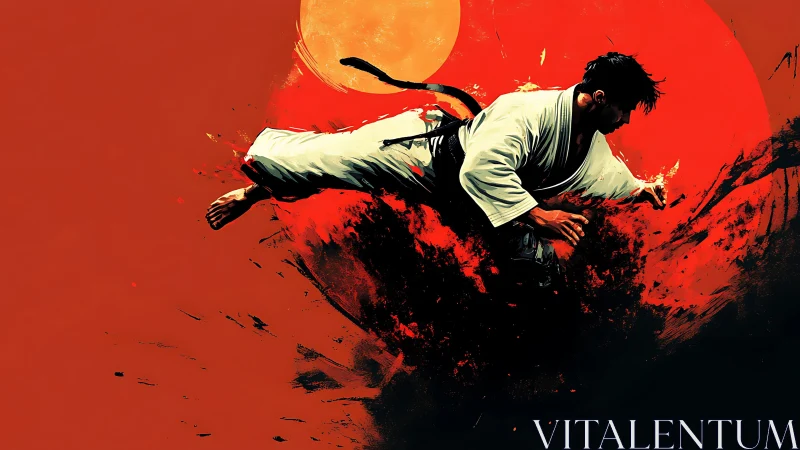 Martial artist mid-air kick against red sun ink explosion