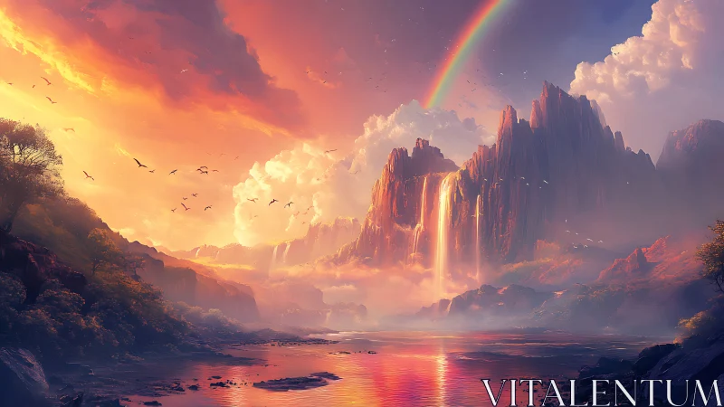Radiant fantasy cliffs and rainbow waterfall at sunset glow